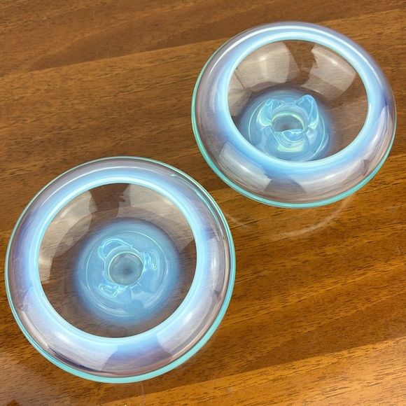Vintage MCM fostoria seascape opalescent blue glass candle stick holders pair - Picture 4 of 8